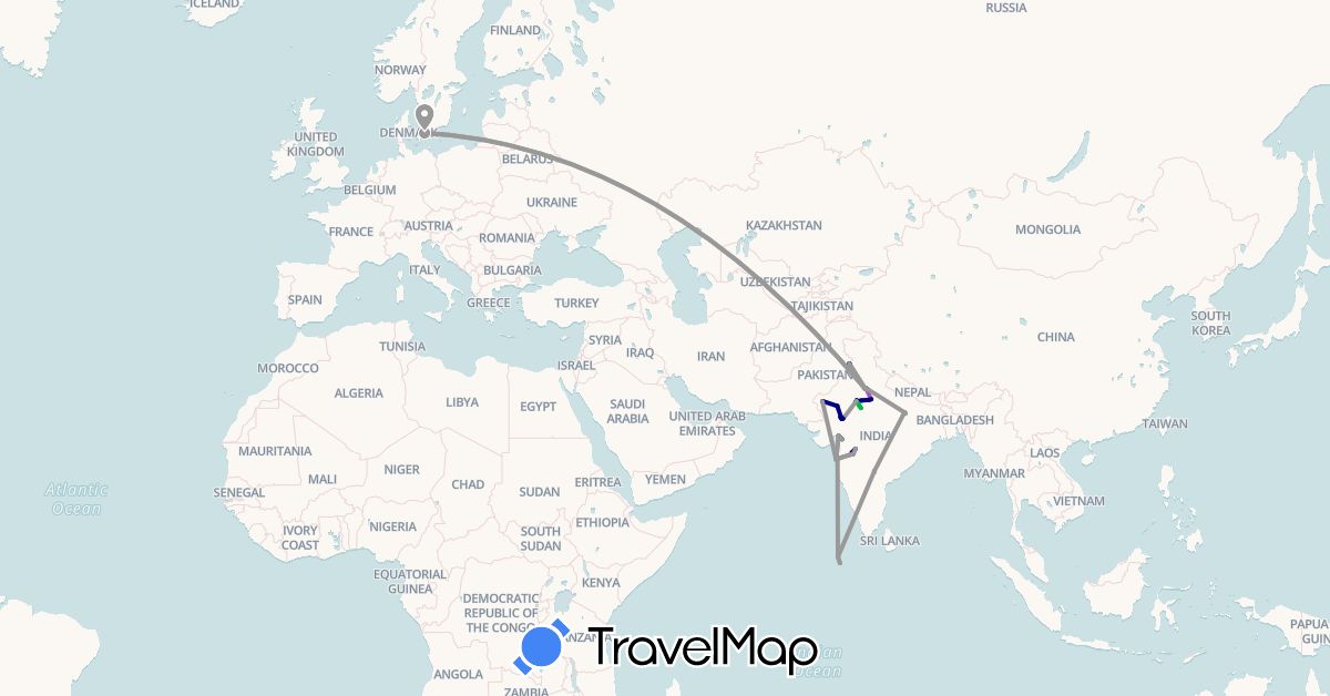 TravelMap itinerary: driving, bus, plane, train in Denmark, India, Maldives (Asia, Europe)